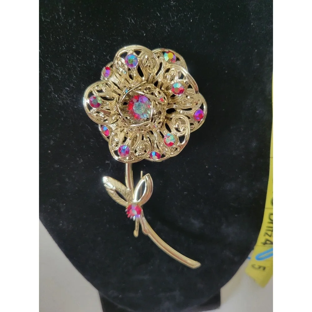 Vintage Gold Tone Filigree Flower Brooch Pin Aurora Borealis Rhinestones